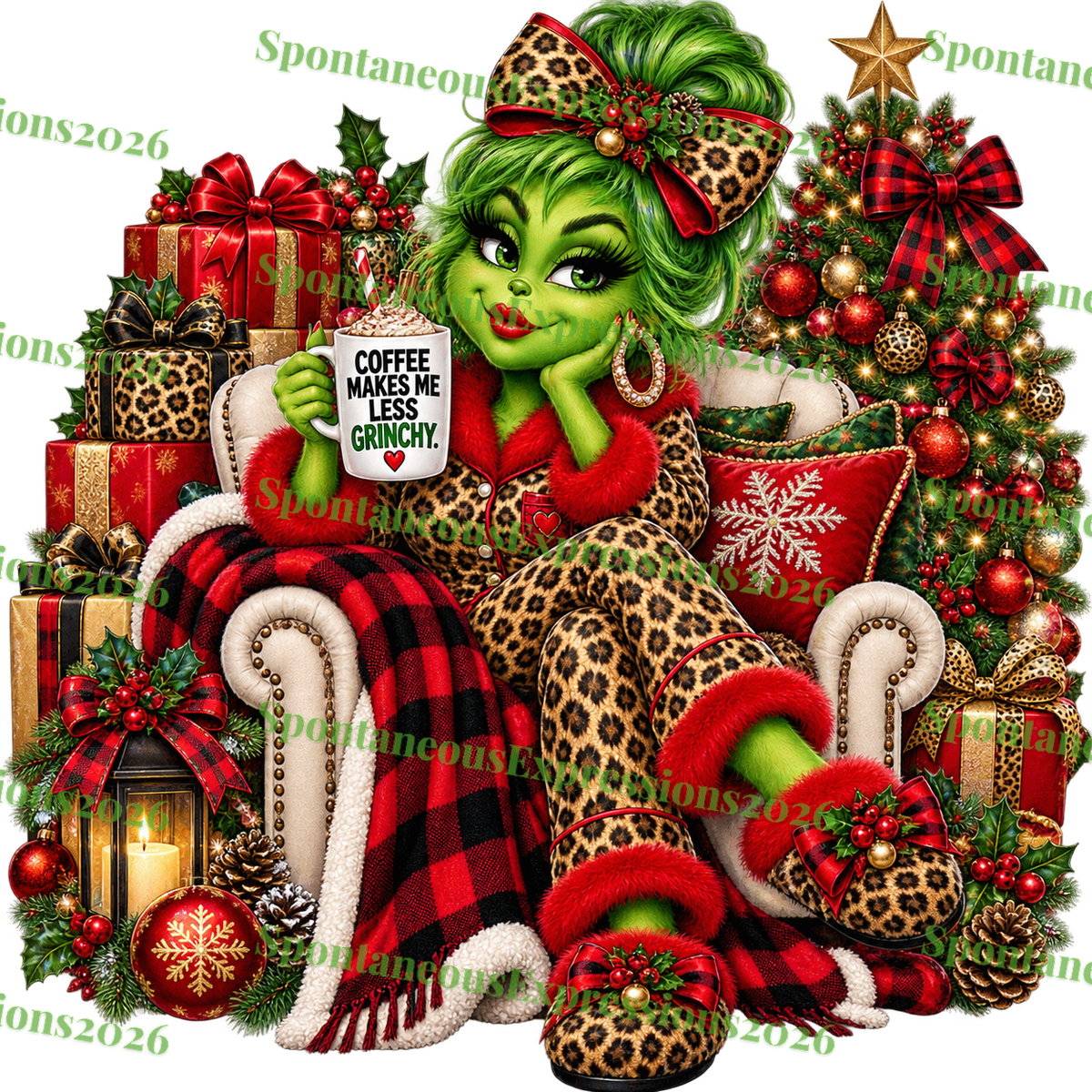 Coffee Makes Me Less Grinchy – Cozy Grinch Girl PNG