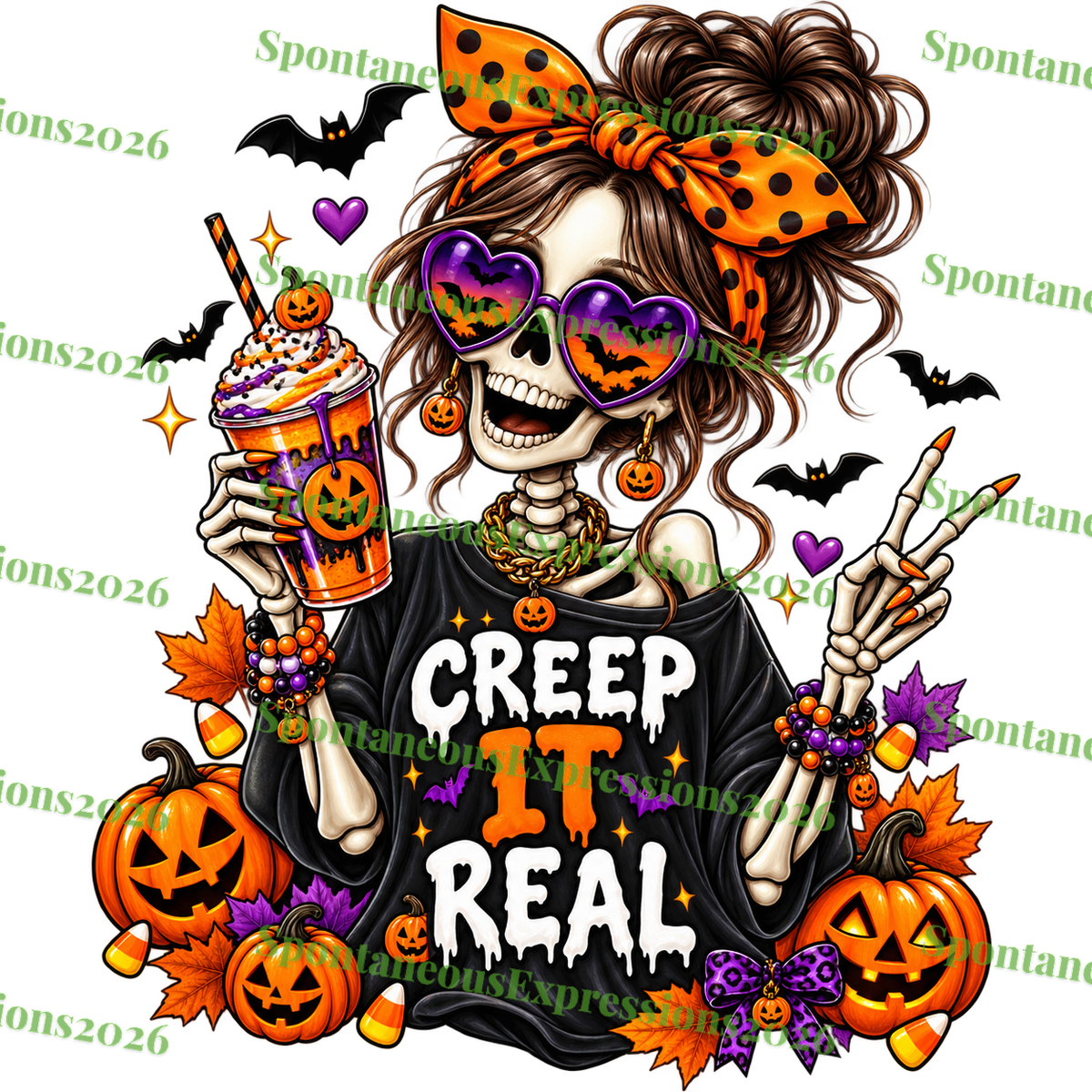 Creep It Real — Skeleton Messy Bun Halloween PNG