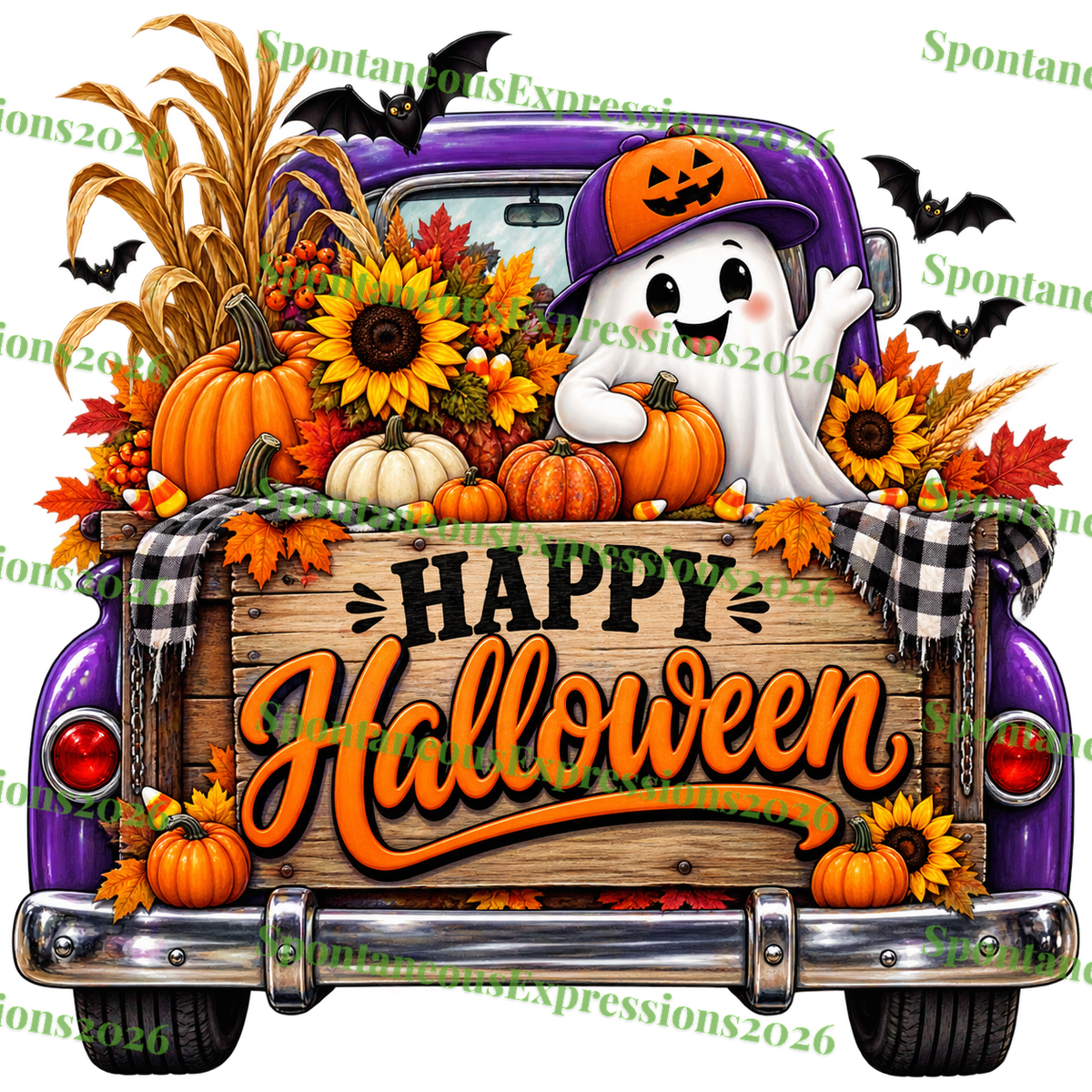 Happy Halloween Ghost Truck — Fall Harvest PNG