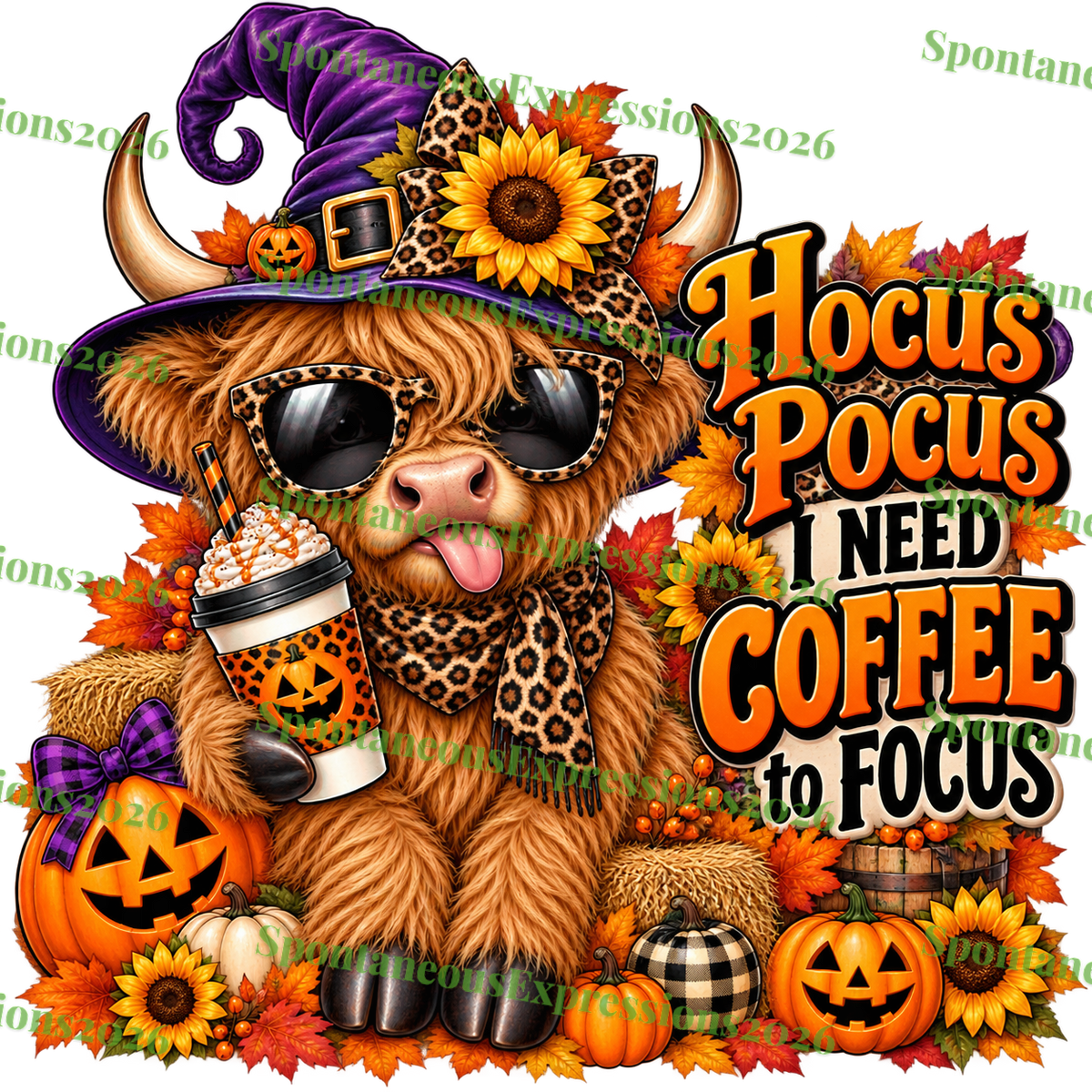 Hocus Pocus I Need Coffee to Focus — Highland Cow Halloween PNG