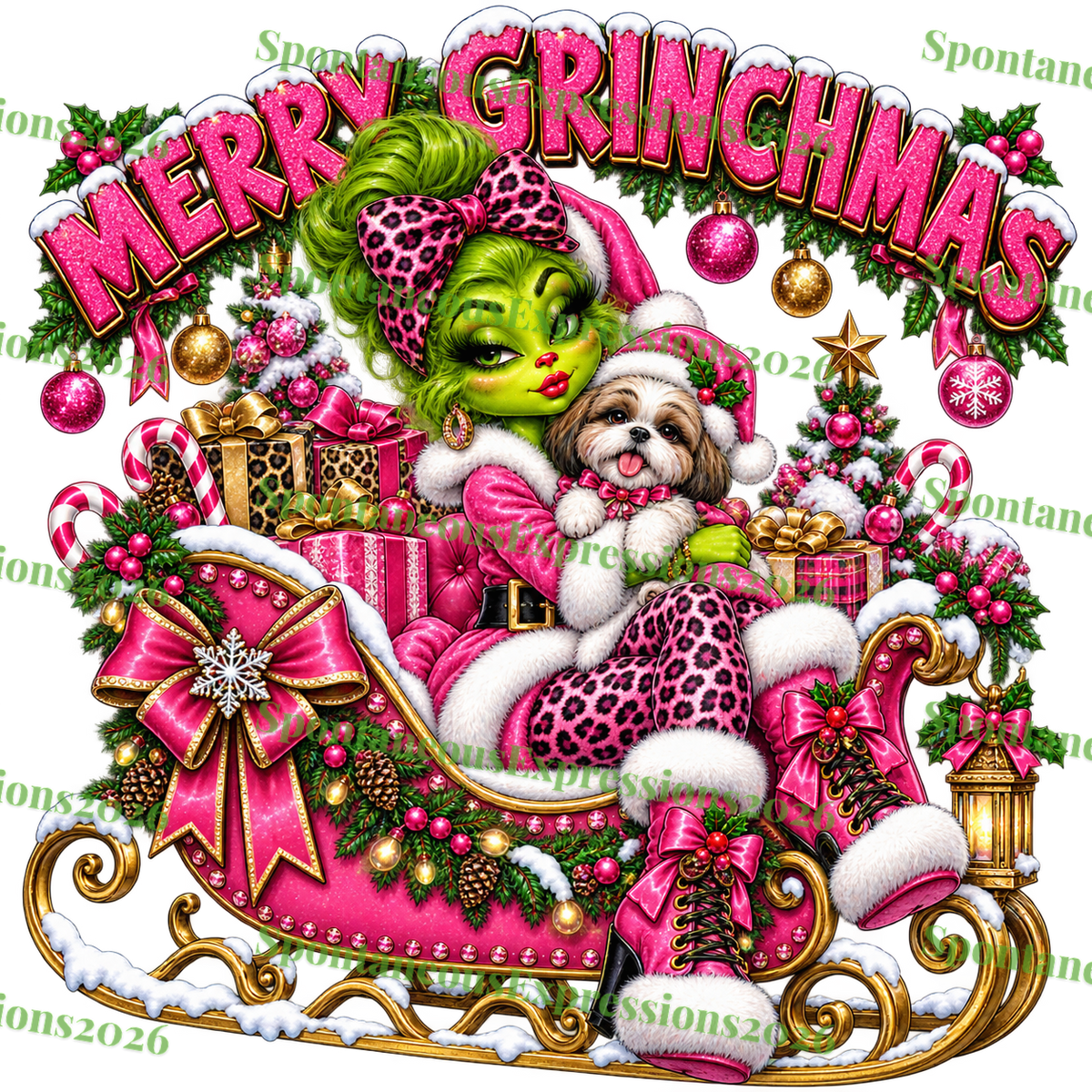 Merry Grinchmas – Pink Glam Grinch Sleigh PNG