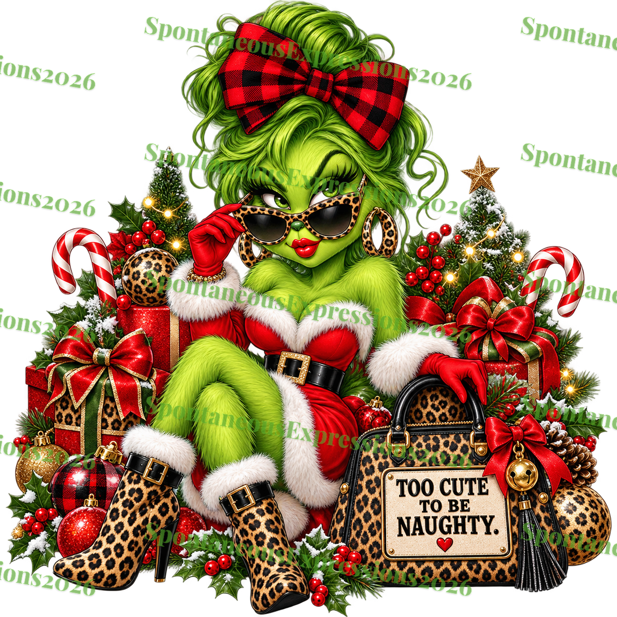 Too Cute to Be Naughty – Glam Grinch Santa PNG