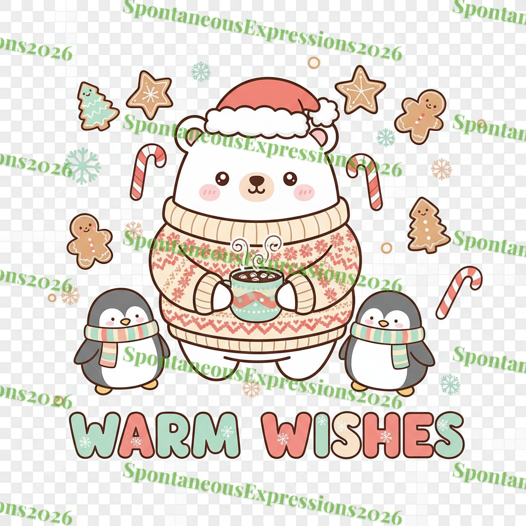 Kawaii polar bear with cocoa and penguins Christmas PNG design